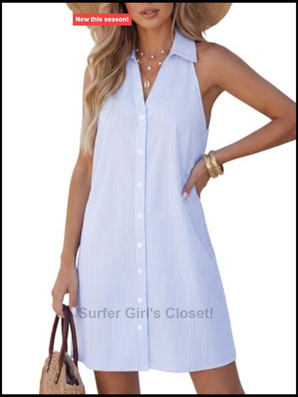 Women's Striped Collared Mini Beach Dress, Sleeveless A-Line Casual Vacation - Picture 2 of 7